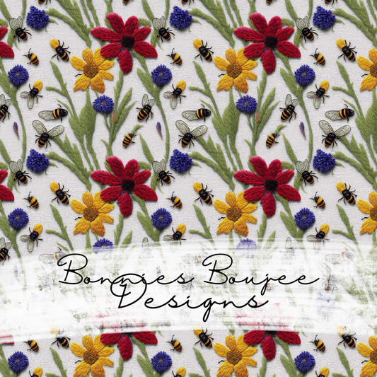 Bees and Wildflowers Embroidery Seamless File