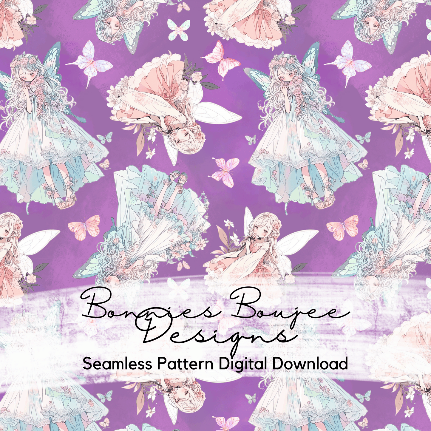 Beautiful Anime Fairies on a Purple Background Seamless File