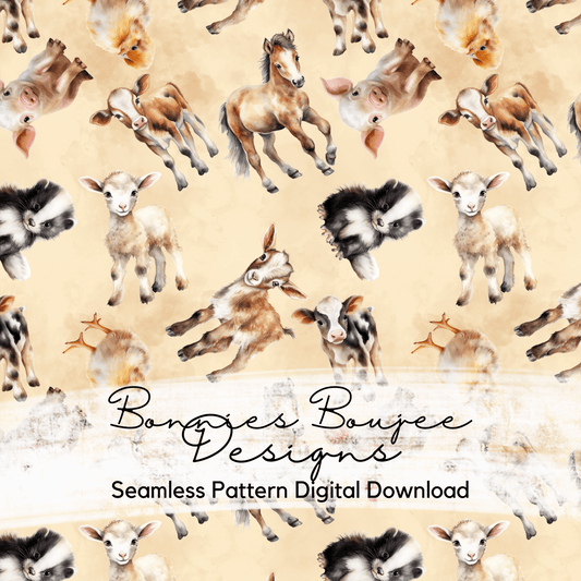 Baby Farm Animals Watercolor on Cream Background Seamless File