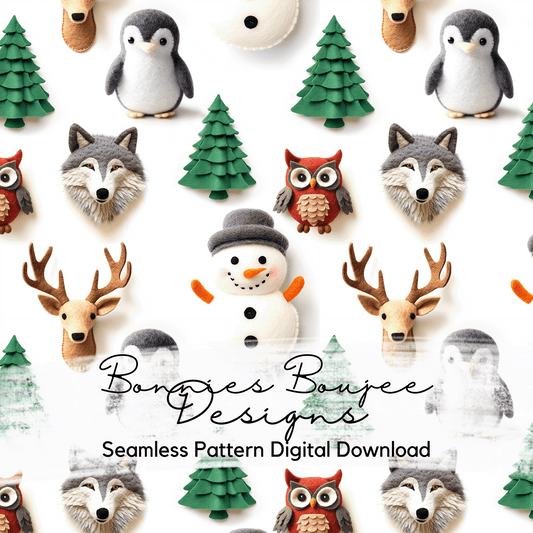 Cute Felt Animals with Snowmen and Penguins Seamless File