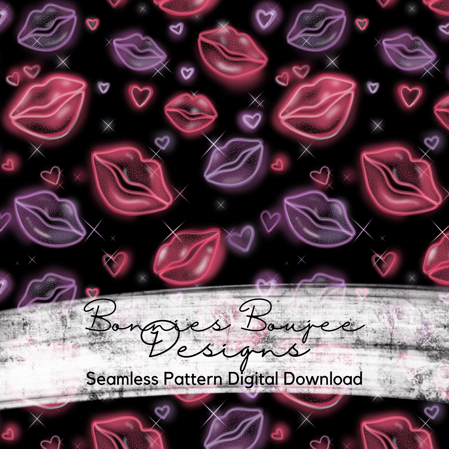 Hand Drawn Neon Kisses and Hearts Seamless File