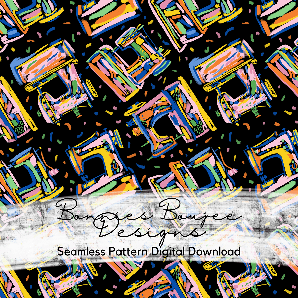 Hand Drawn Seamstress Sewing Machine Seamless File in Three Colorways