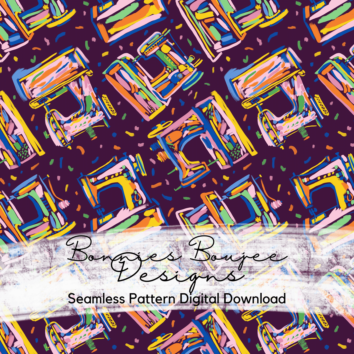 Hand Drawn Seamstress Sewing Machine Seamless File in Three Colorways