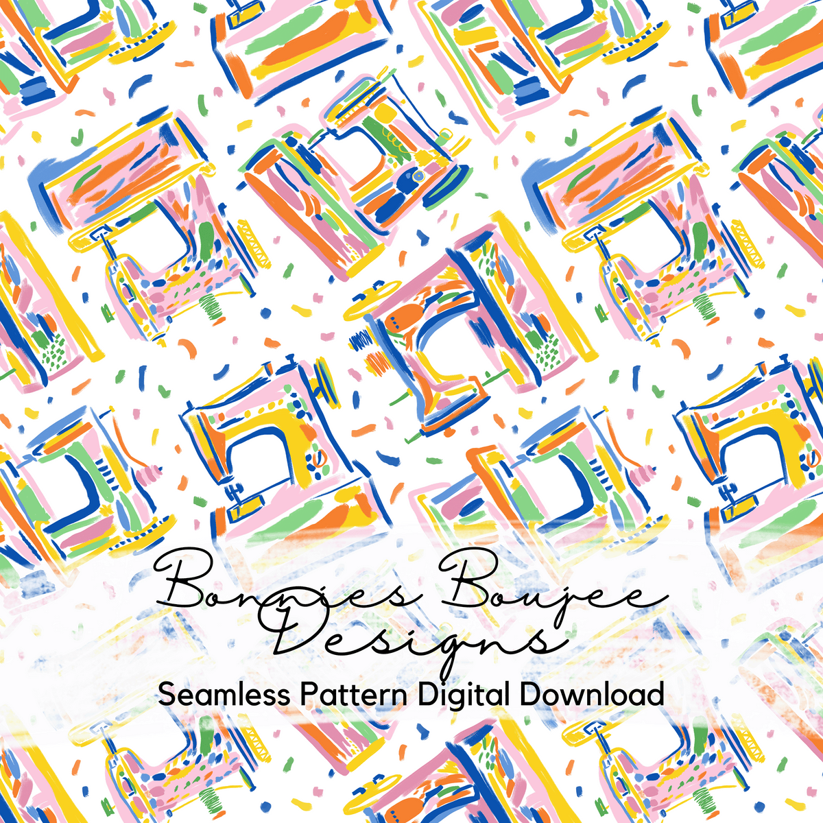 Hand Drawn Seamstress Sewing Machine Seamless File in Three Colorways