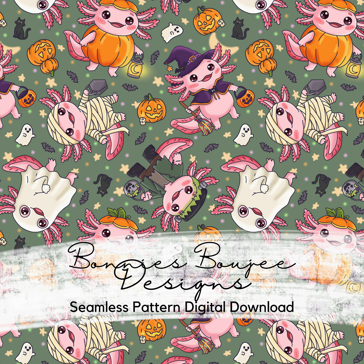 Cute Hand Drawn Axolotl Halloween Seamless File in Four Colorways