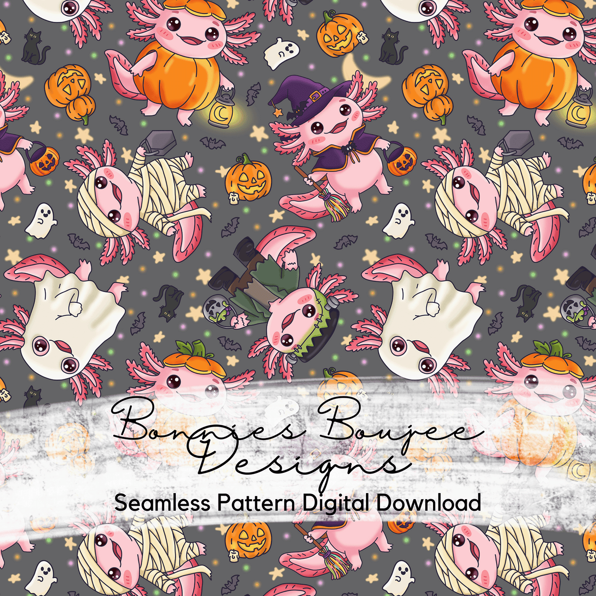 Cute Hand Drawn Axolotl Halloween Seamless File in Four Colorways