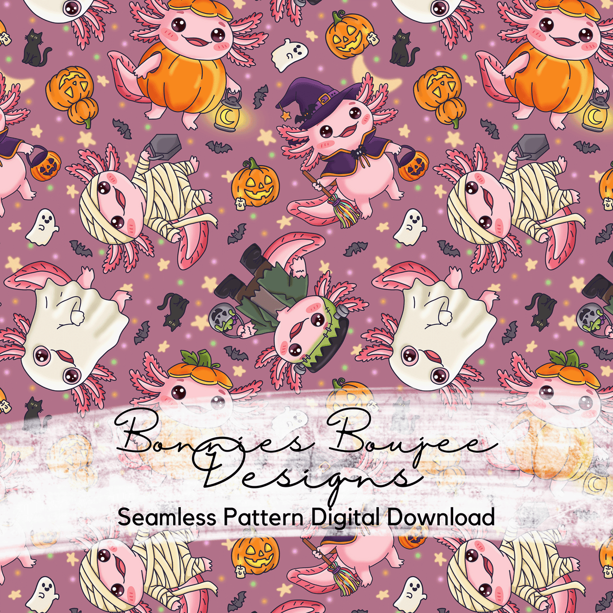 Cute Hand Drawn Axolotl Halloween Seamless File in Four Colorways