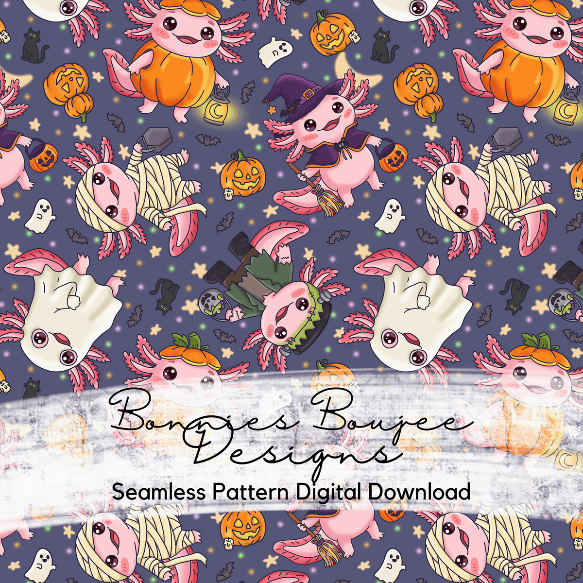 Cute Hand Drawn Axolotl Halloween Seamless File in Four Colorways