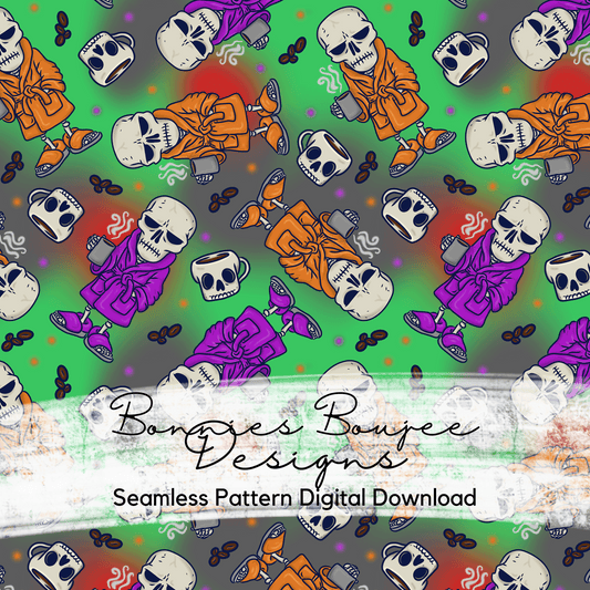 Hand Drawn Skeletons and Coffee Seamless File