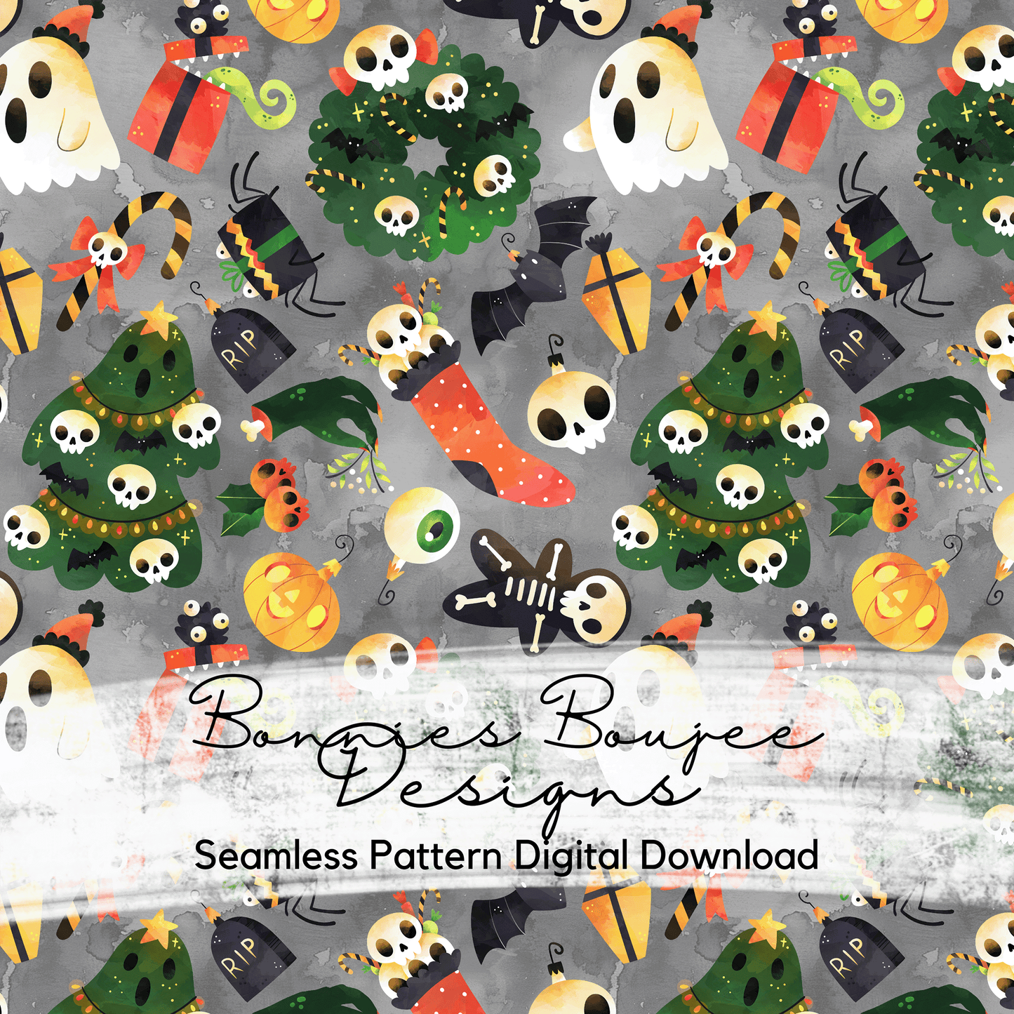 Spooky Halloween Christmas Watercolor Paper Seamless File on Three Colorways