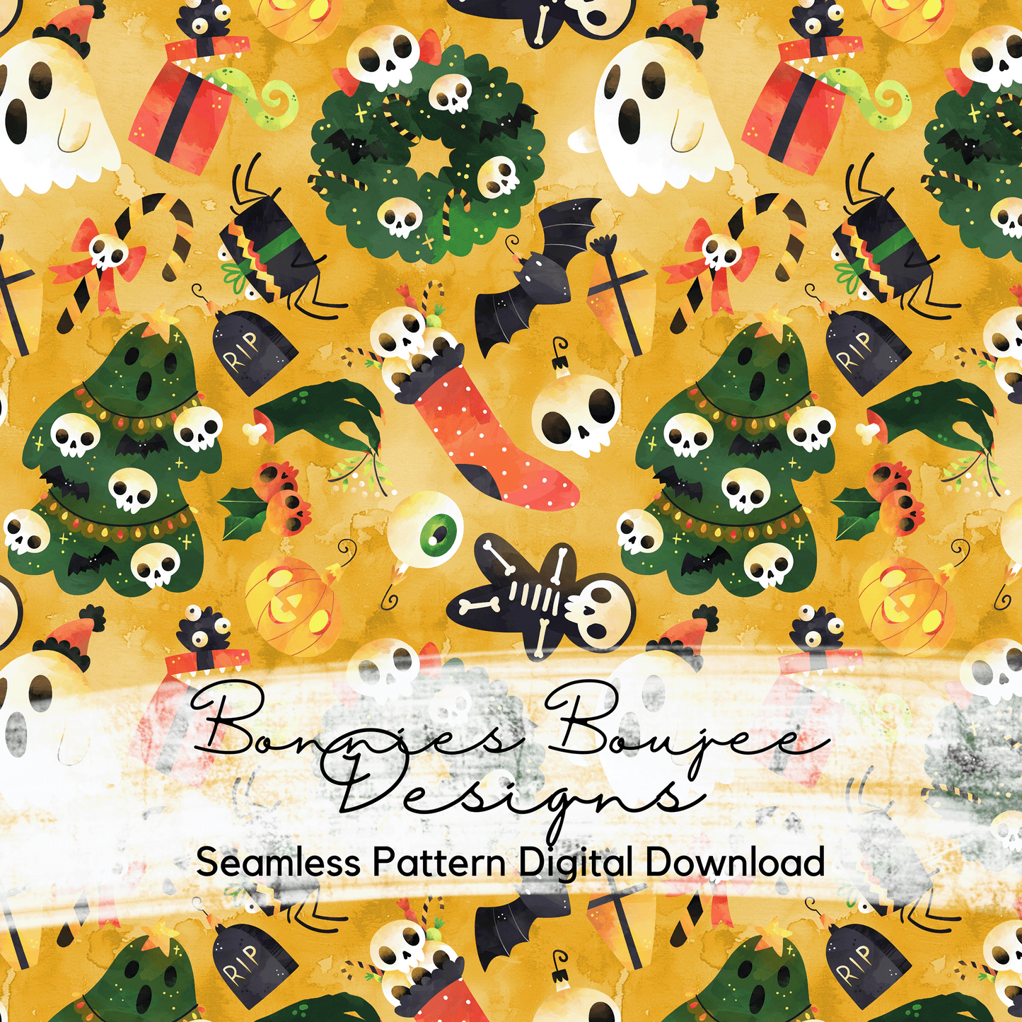 Spooky Halloween Christmas Watercolor Paper Seamless File on Three Colorways