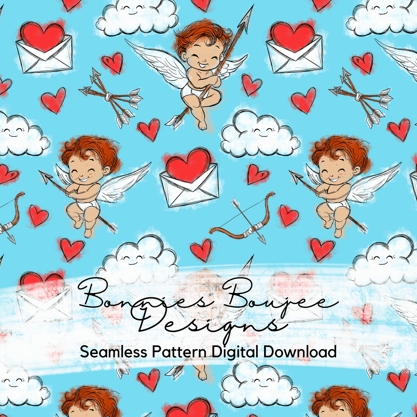 Cute Baby Cupids Hand Drawn Seamless File Blue Colorway - 4 Variations