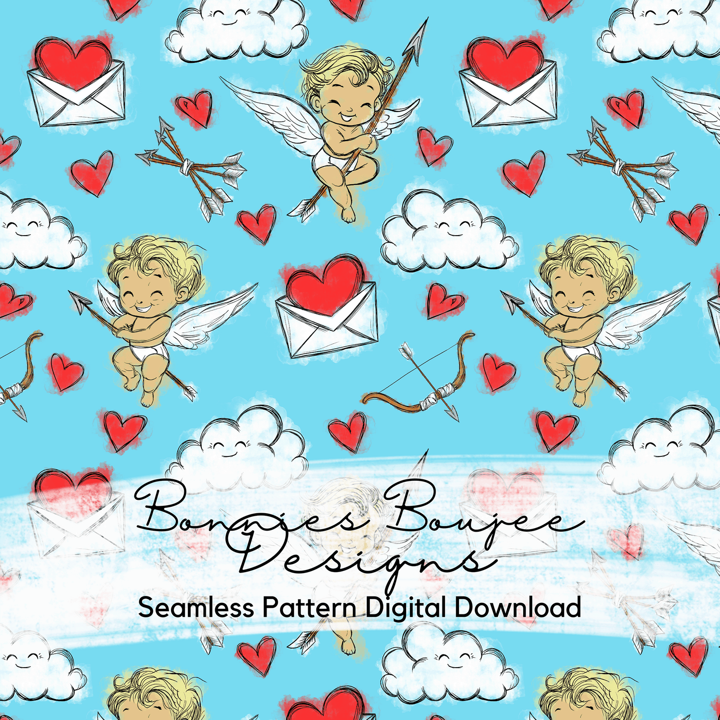 Cute Baby Cupids Hand Drawn Seamless File Blue Colorway - 4 Variations