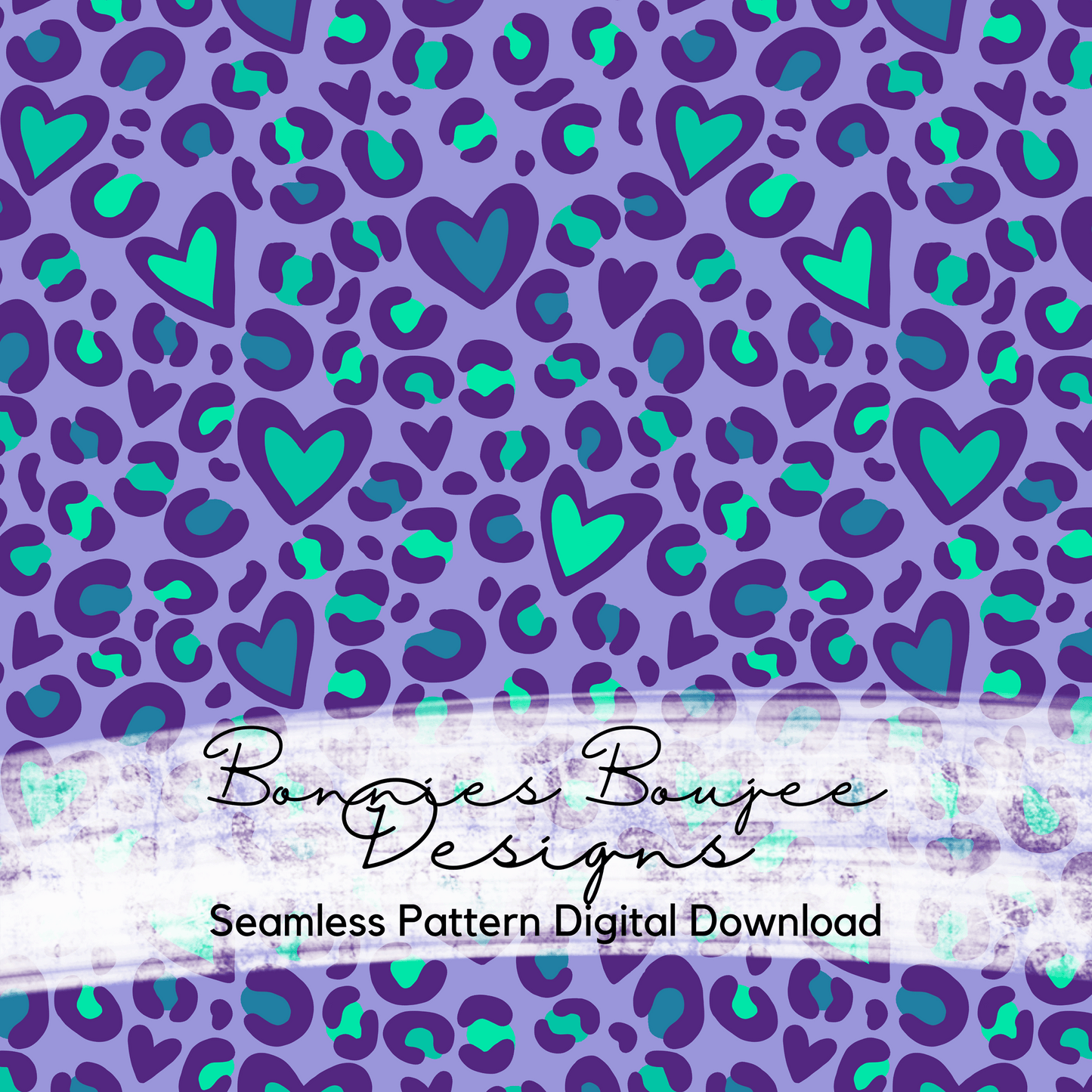 Hand Drawn Heart Leopard on Purple with Teals Seamless File