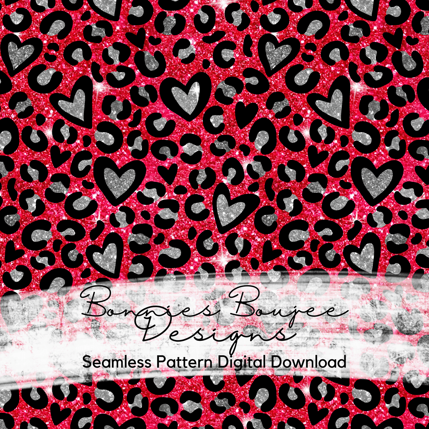 Hand Drawn Heart Leopard on Glittery Red and Grey Seamless File