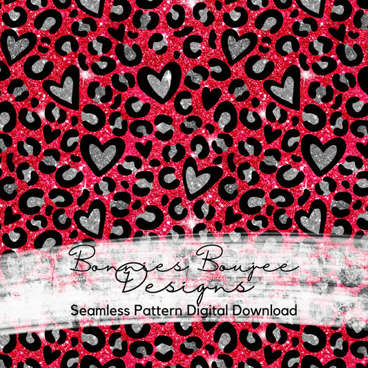 Hand Drawn Heart Leopard on Glittery Red and Grey Seamless File