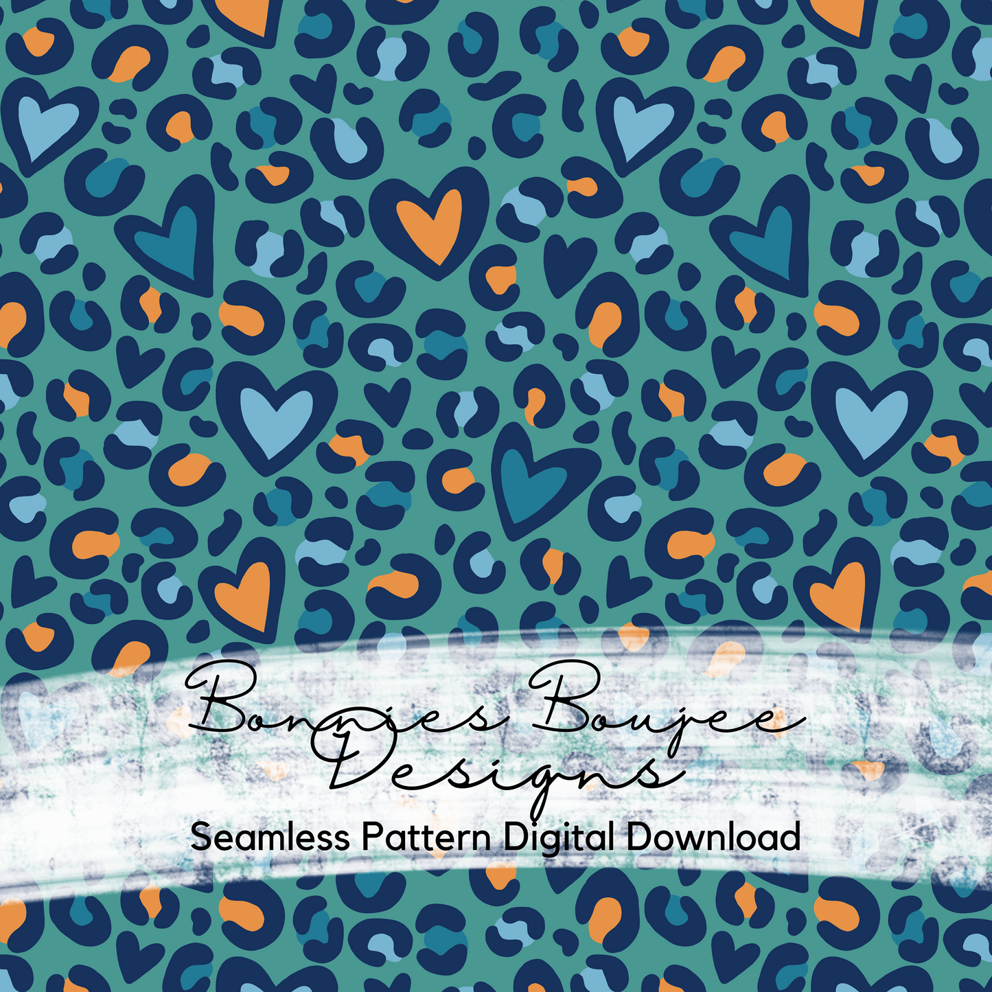 Hand Drawn Heart Leopard on Seafoam Seamless File