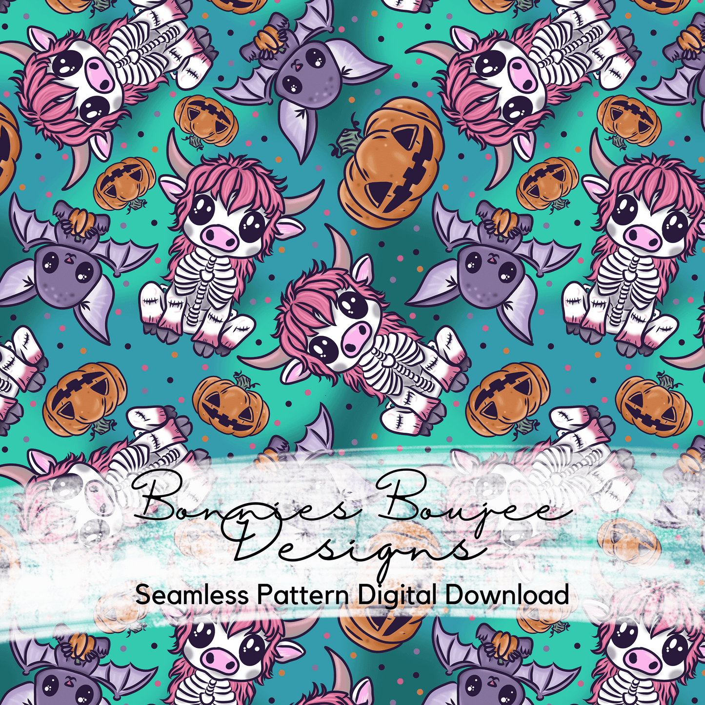 Hand Drawn Highland Cow Halloween Cartoon Seamless File - Multiple Colorways