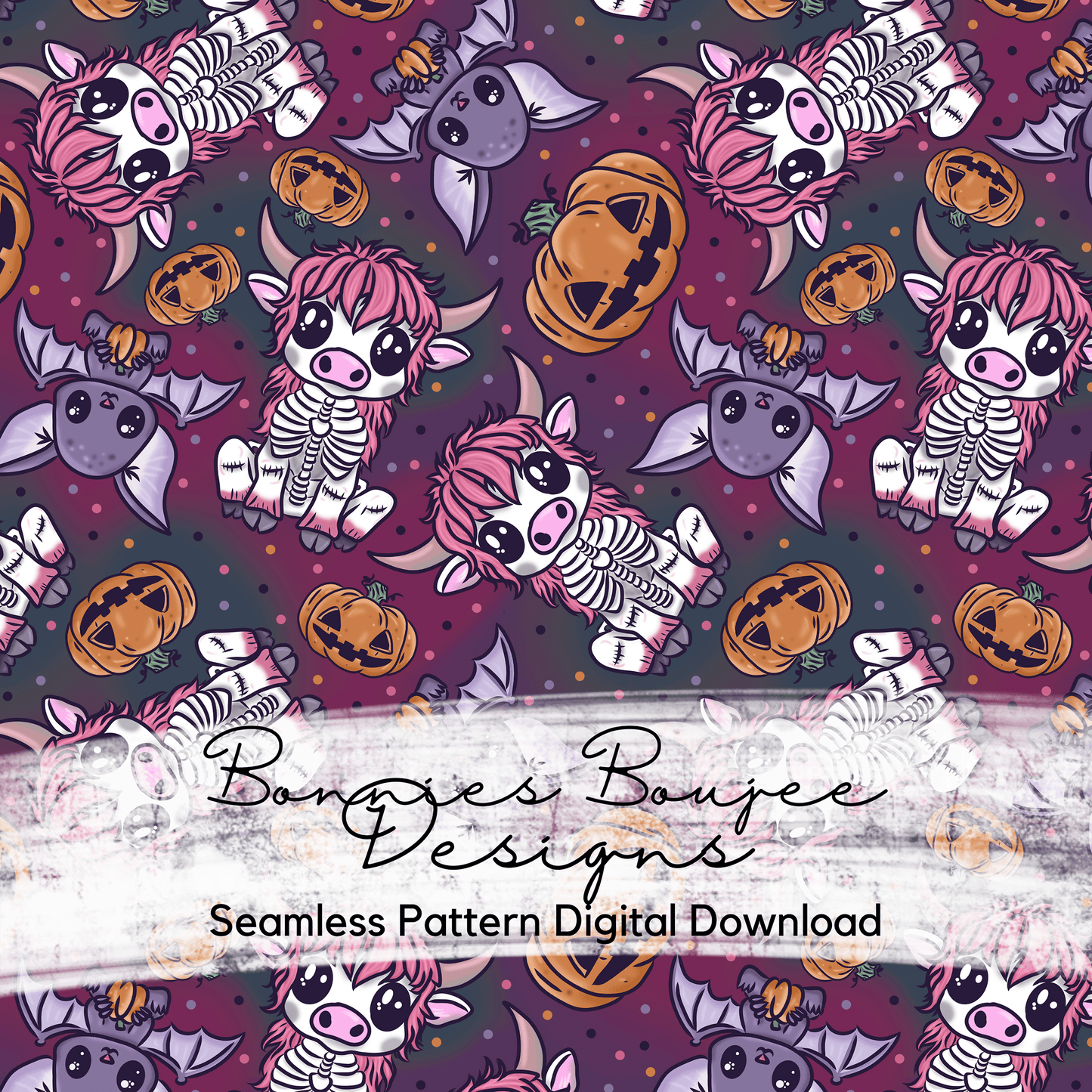 Hand Drawn Highland Cow Halloween Cartoon Seamless File - Multiple Colorways