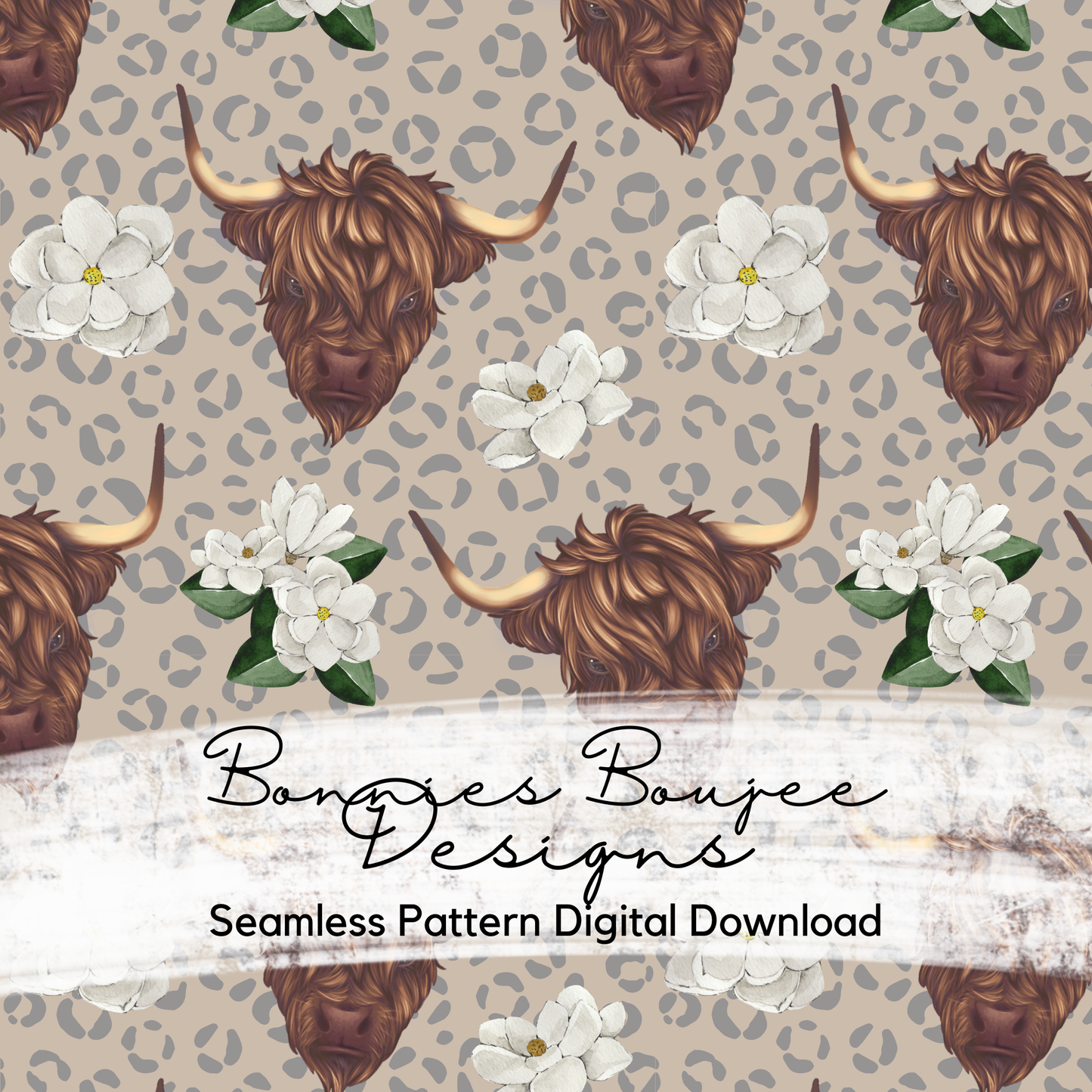 Highland Cow and Magnolias Seamless File