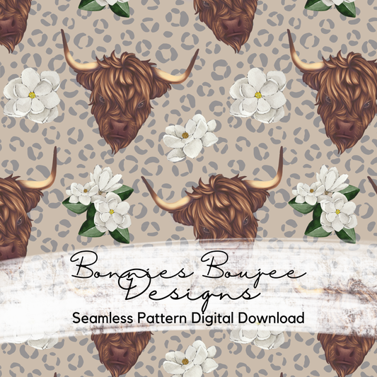 Highland Cow and Magnolias Seamless File