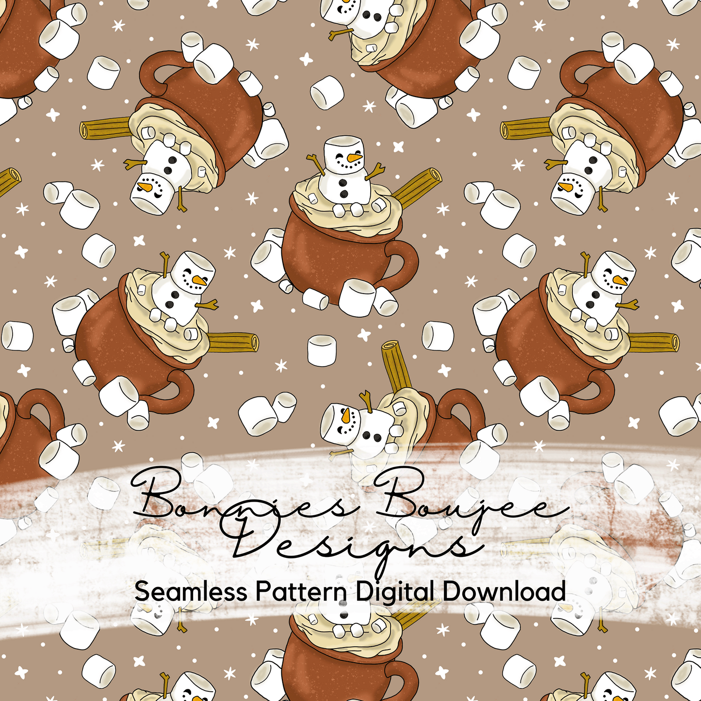 Snowman Hot Cocoa in a Brown Mug Hand Drawn Seamless File