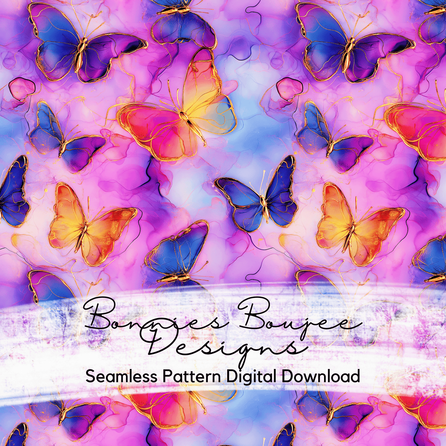 Spring Butterflies Watercolor Texture with Gold Seamless File