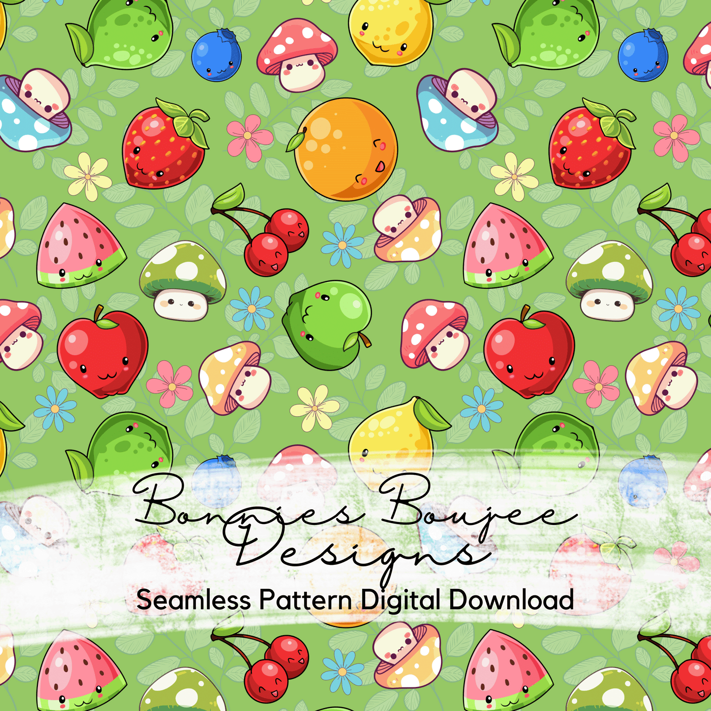 Kawaii Style Fruit with Cute Mushrooms Seamless File in Three Colorways