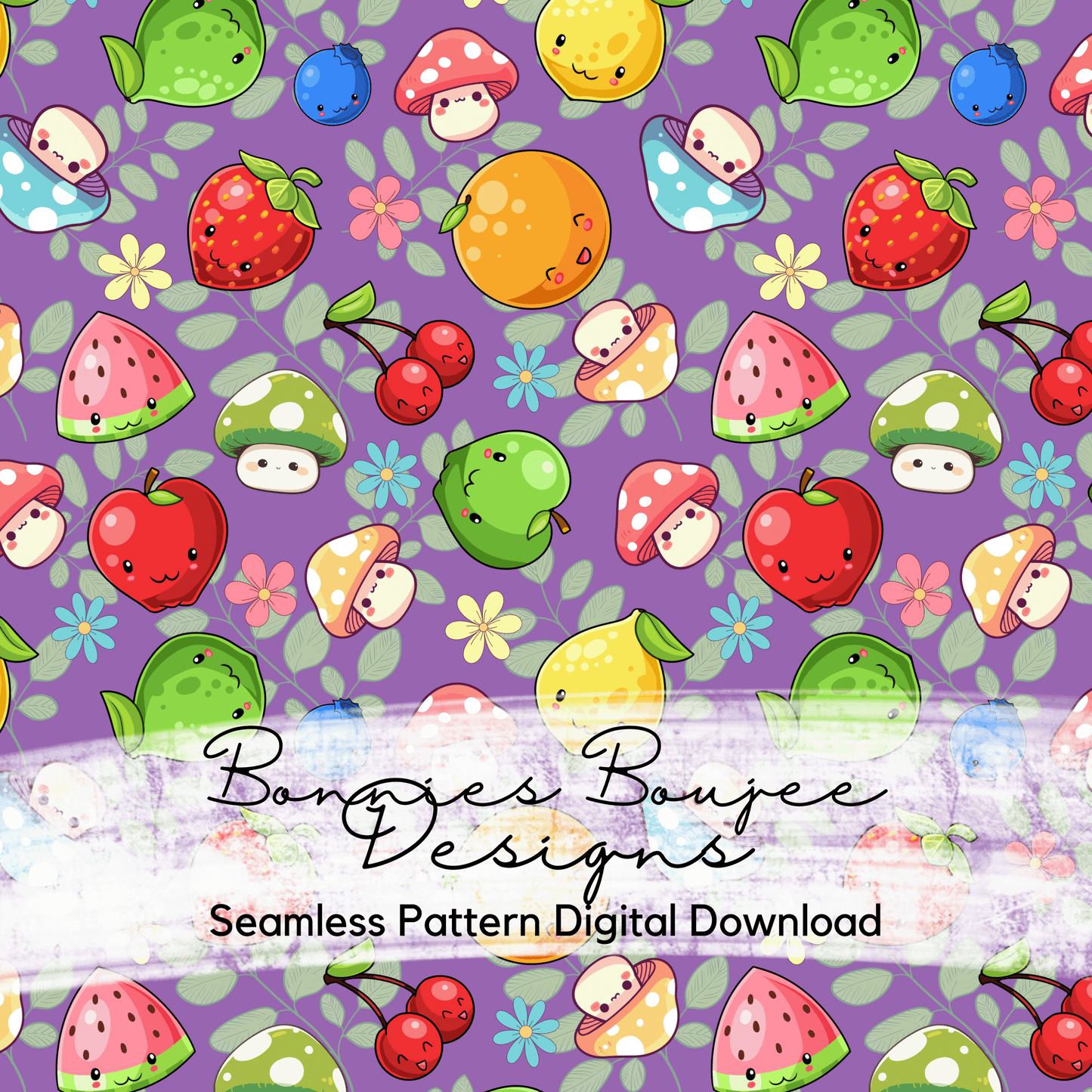 Kawaii Style Fruit with Cute Mushrooms Seamless File in Three Colorways