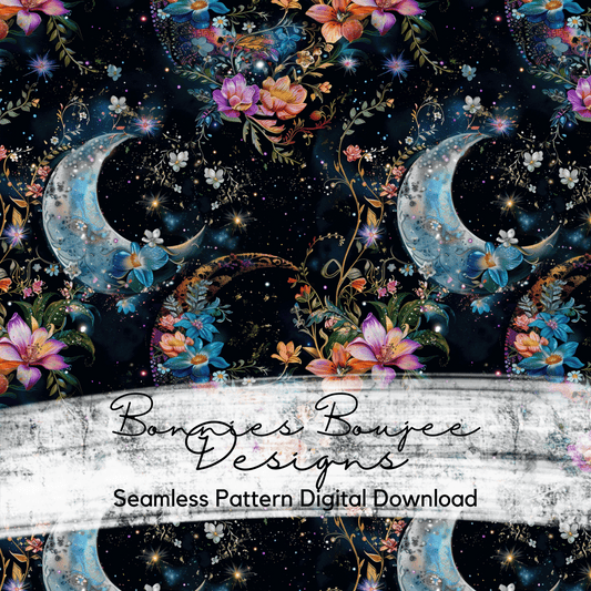 Lunar Moon Cresent Floral with Foliage Seamless File