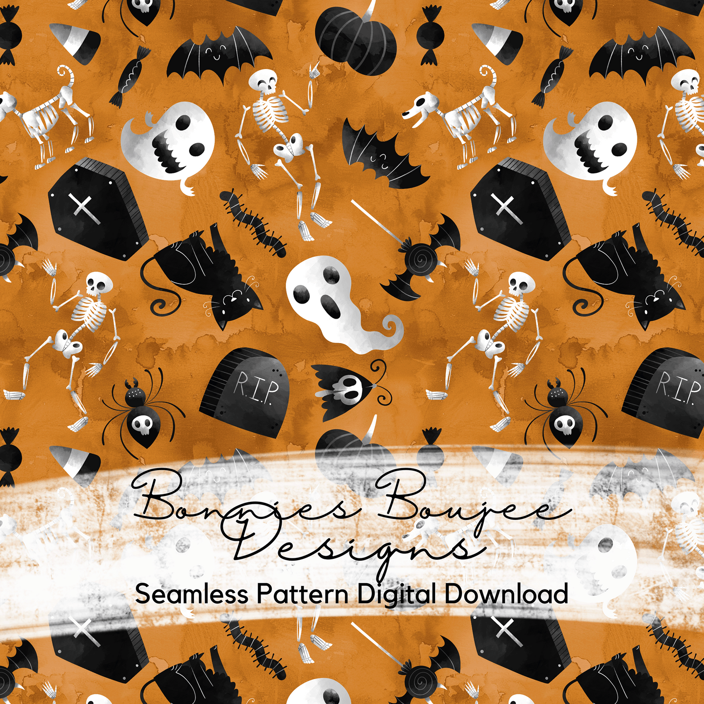 Monochromatic Halloween Watercolor Paper Seamless File on Four Colorways