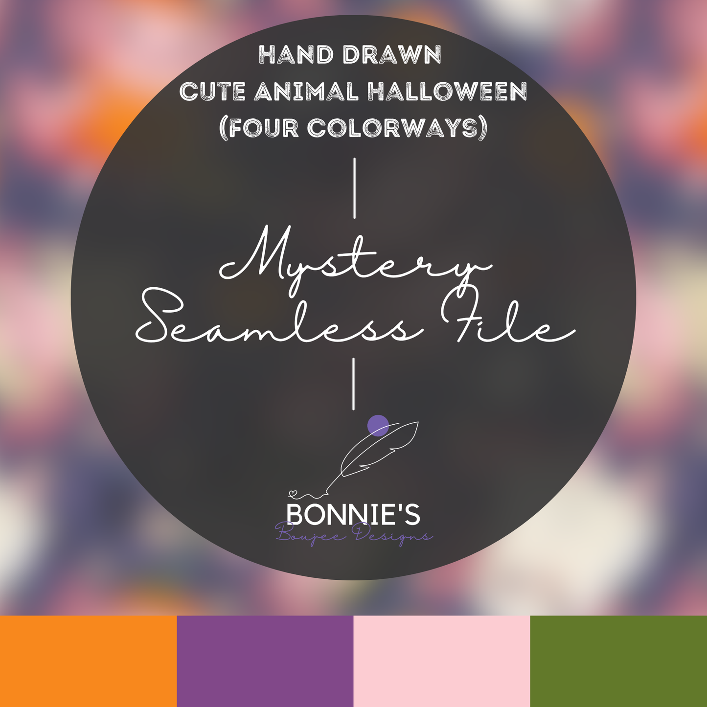 Mystery Hand Drawn Animal Halloween Seamless File in Four Colorways