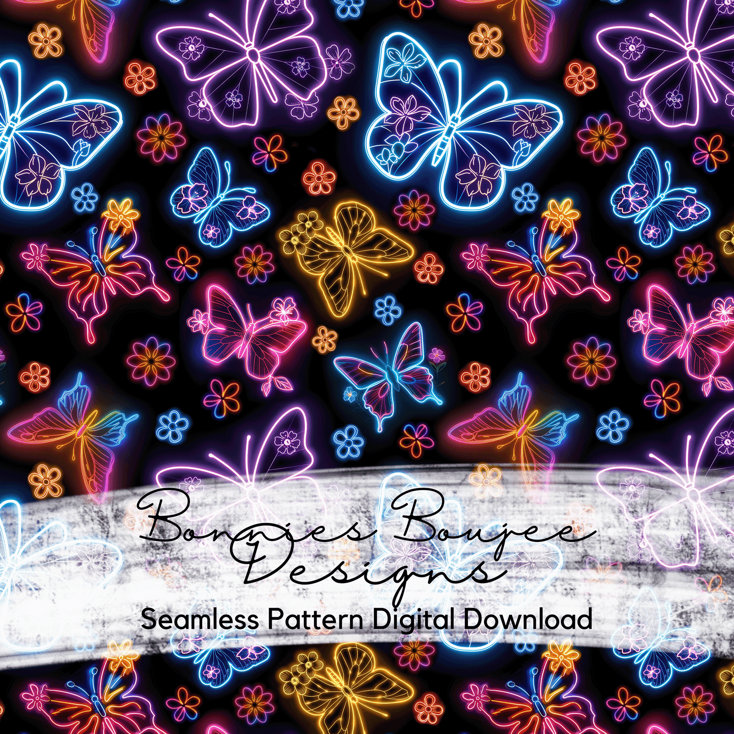 Neon Butterfly and Flower Rainbow Color Seamless File