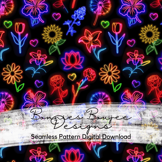 Neon Sign Style Flowers on Black Background Seamless File