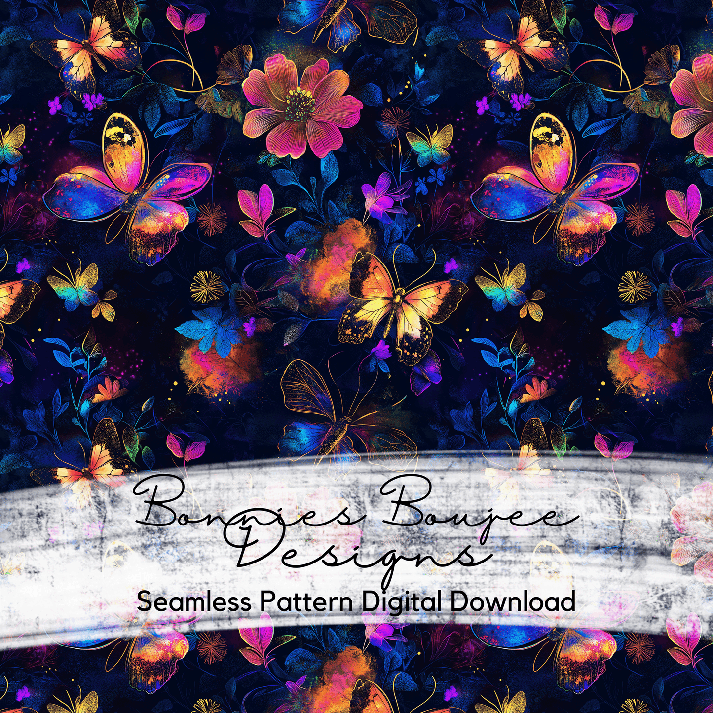 Neon Butterflies at Night Floral Seamless File