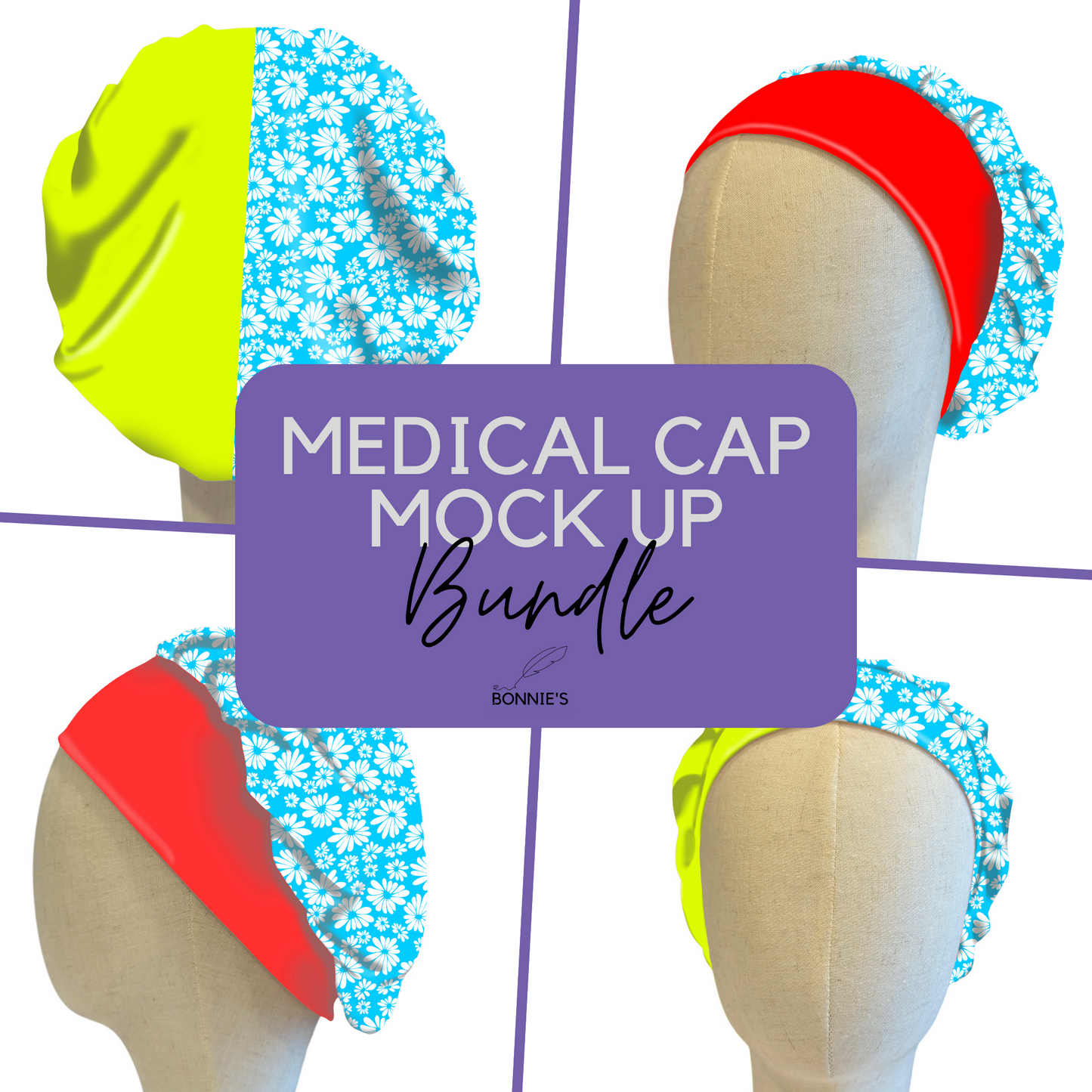 Mock-Up Of Medical Cap Bundle of Four Views on Solid White Background