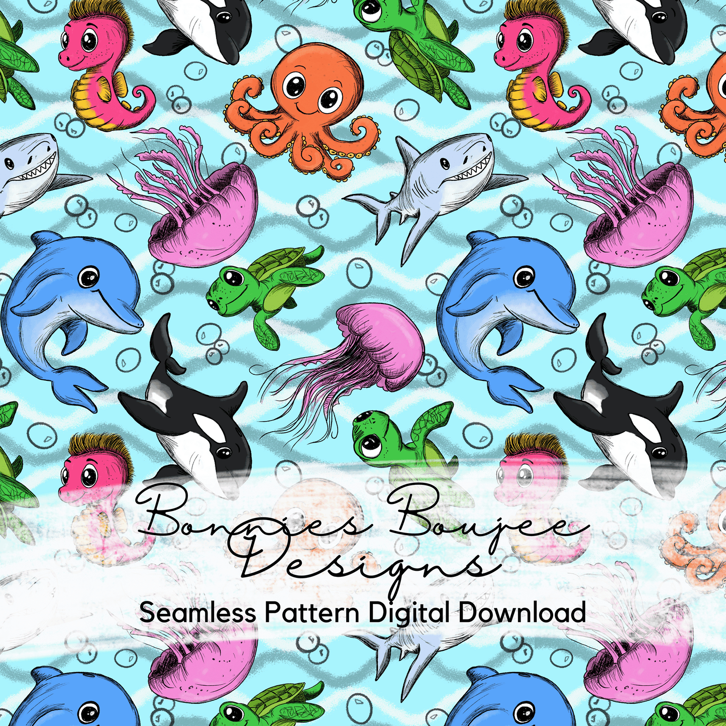 Cute Sea Animals Hand Drawn Seamless File - 4 colorways