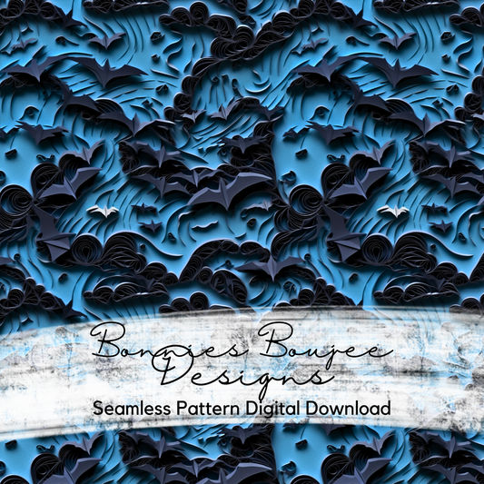 Paper Quilling of Bats on a Blue Background Seamless Design
