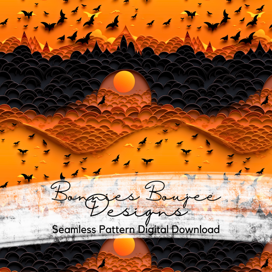 Paper Quilling of Bats in an Orange Skyline Seamless Design