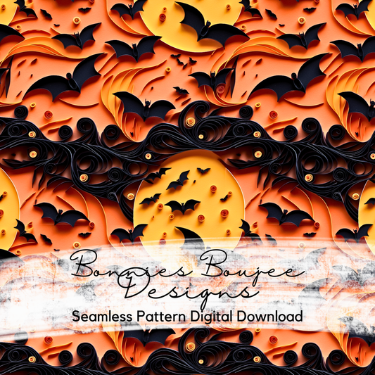 Paper Quilling of Bats on an Orange Background Seamless Design