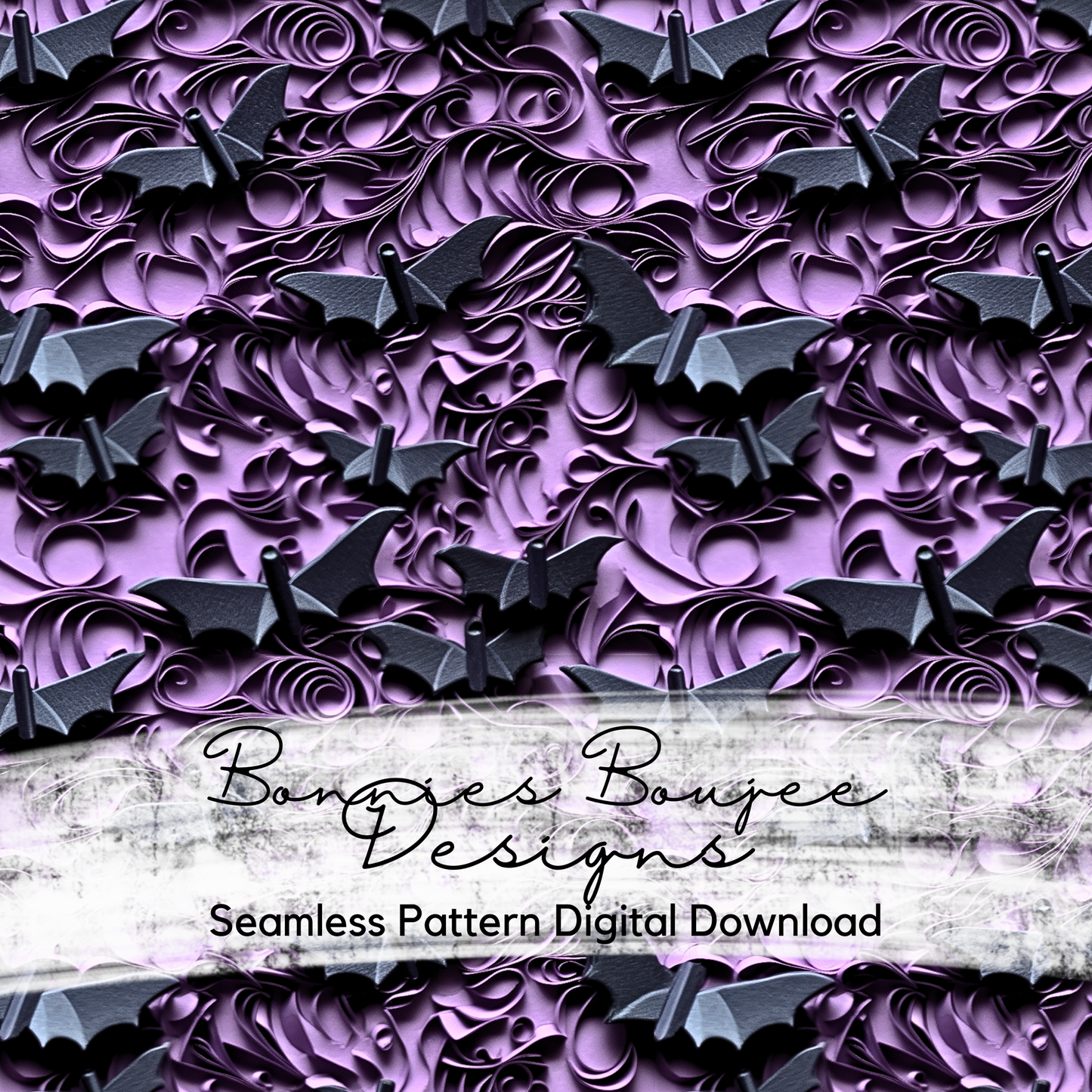 Paper Quilling of Bats on Purple Seamless Design