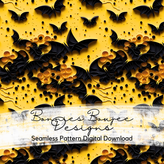 Paper Quilling of Bats on Yellow Seamless Design