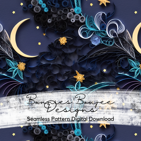 Paper Quilling Night Sky and Moon Seamless Design