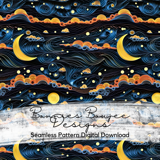 Paper Quilling Night Sky and Moons Seamless Design