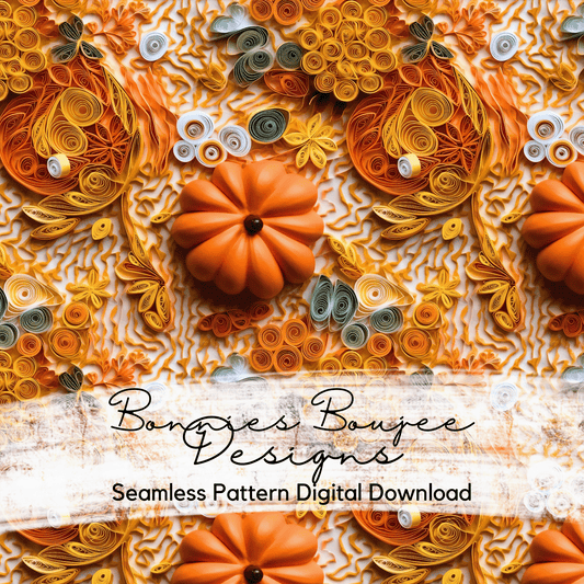 Pumpkin and Fall Leaves in the style of Paper Quilling Seamless File