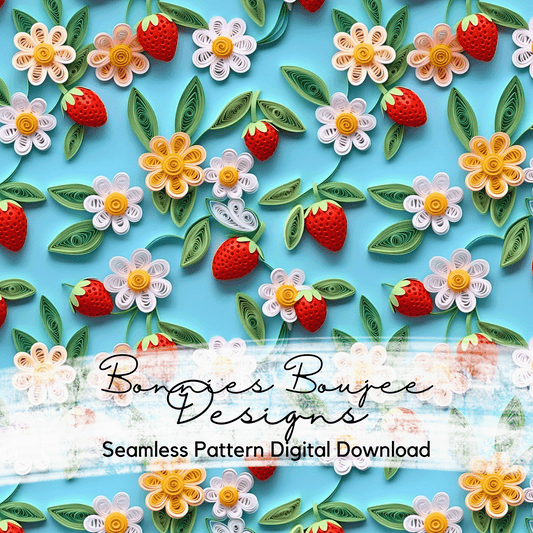 Strawberry Paper Quilling on a Blue Background Seamless File