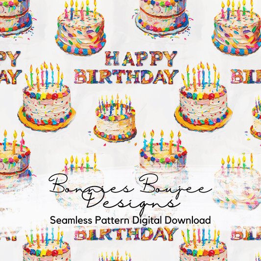 Colorful Painted Birthday Cakes with Happy Birthday Letters Seamless File