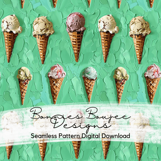 Fun Painted Style Summer Ice Cream on Green Background Seamless File