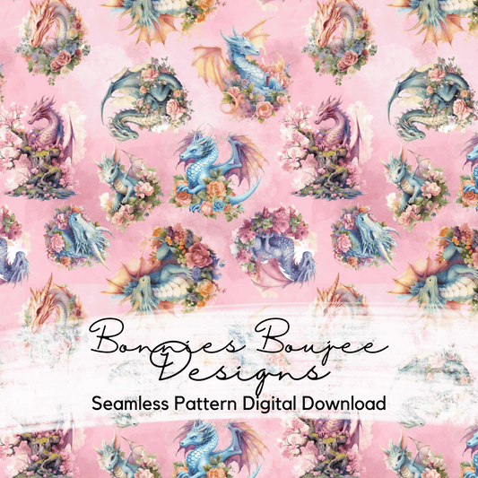 Pastel Floral Dragons in Watercolor Style Seamless File