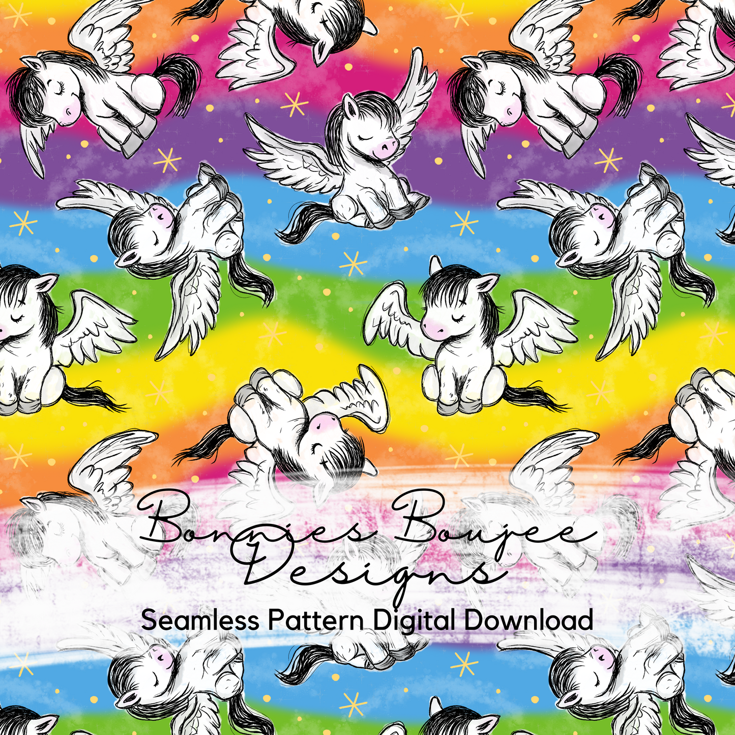 Pegasus on a Rainbow Background Hand Drawn Seamless File